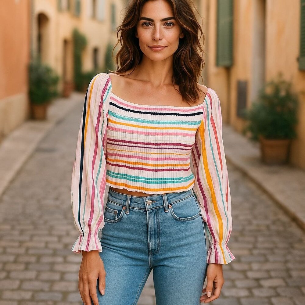 Eloquii Elements Womens Striped Smocked Puff Sleeve Top Sz XL Boho Peasant Beach
